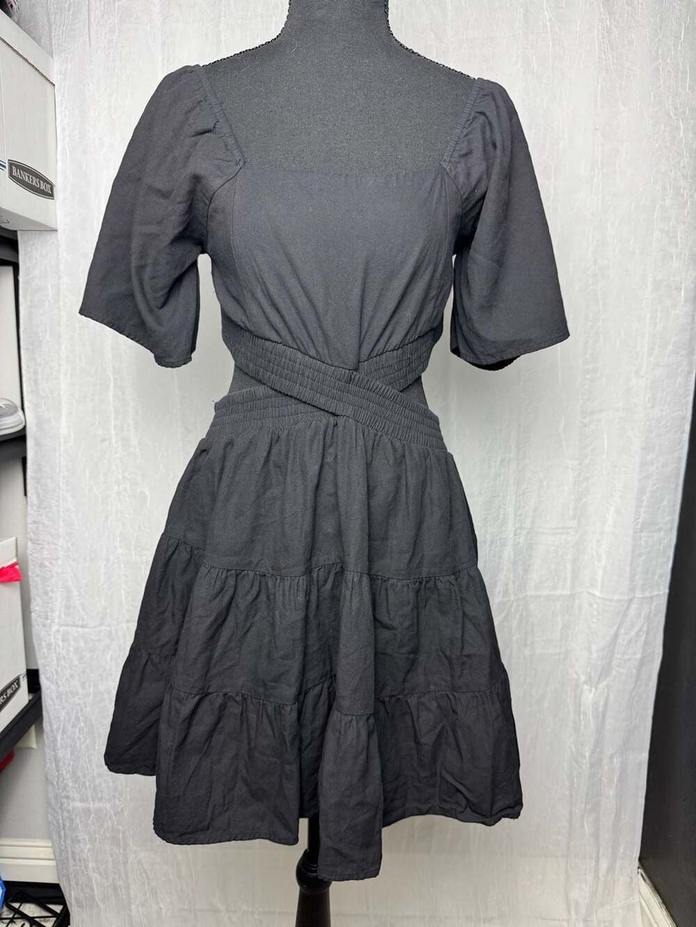 Shy Velvet Cutout Dress Size M Black Tiered Puff Sleeve Mini